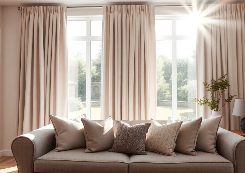 Bright living room with made to measure curtains beautifully framing a window.
