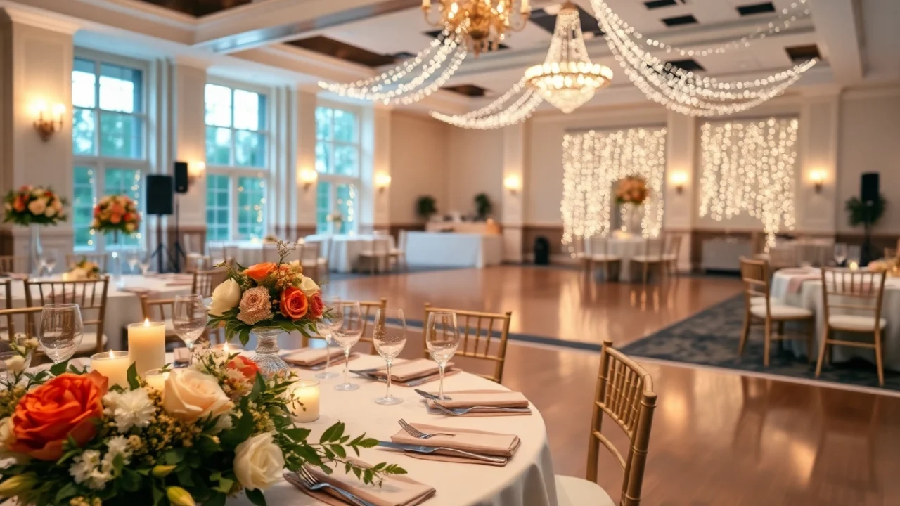 Decorated dining area in a trenton event center set for a festive celebration.