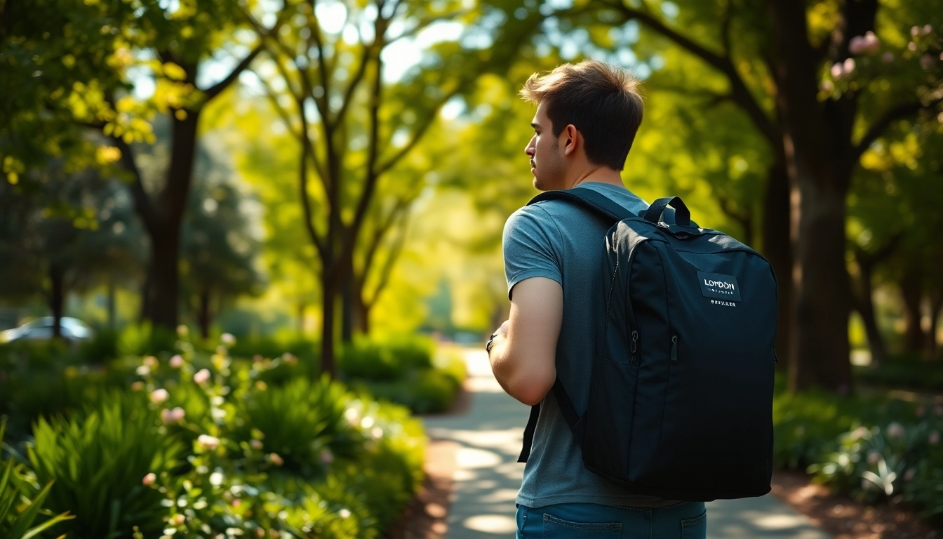 Model using the London Backpack brand in a vibrant urban park, showing adventure and style.