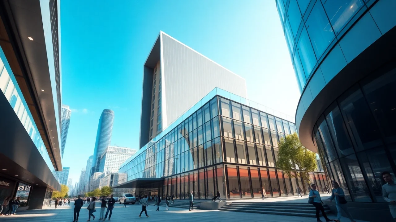Visualisierung Architektur: Moderne 3D-Architektur in urbanem Setting mit lebendigen Details.