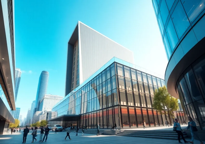 Visualisierung Architektur: Moderne 3D-Architektur in urbanem Setting mit lebendigen Details.