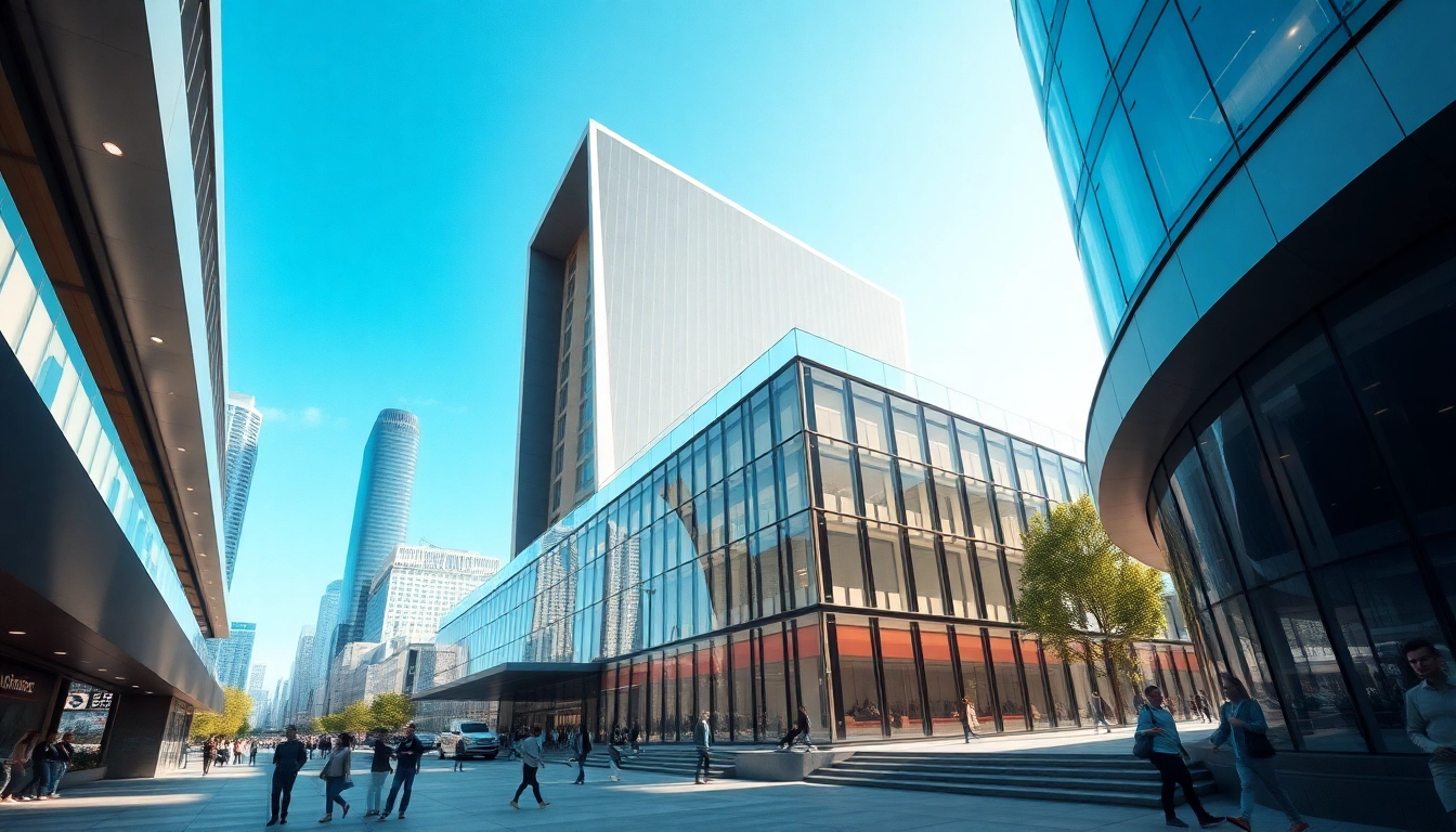Visualisierung Architektur: Moderne 3D-Architektur in urbanem Setting mit lebendigen Details.