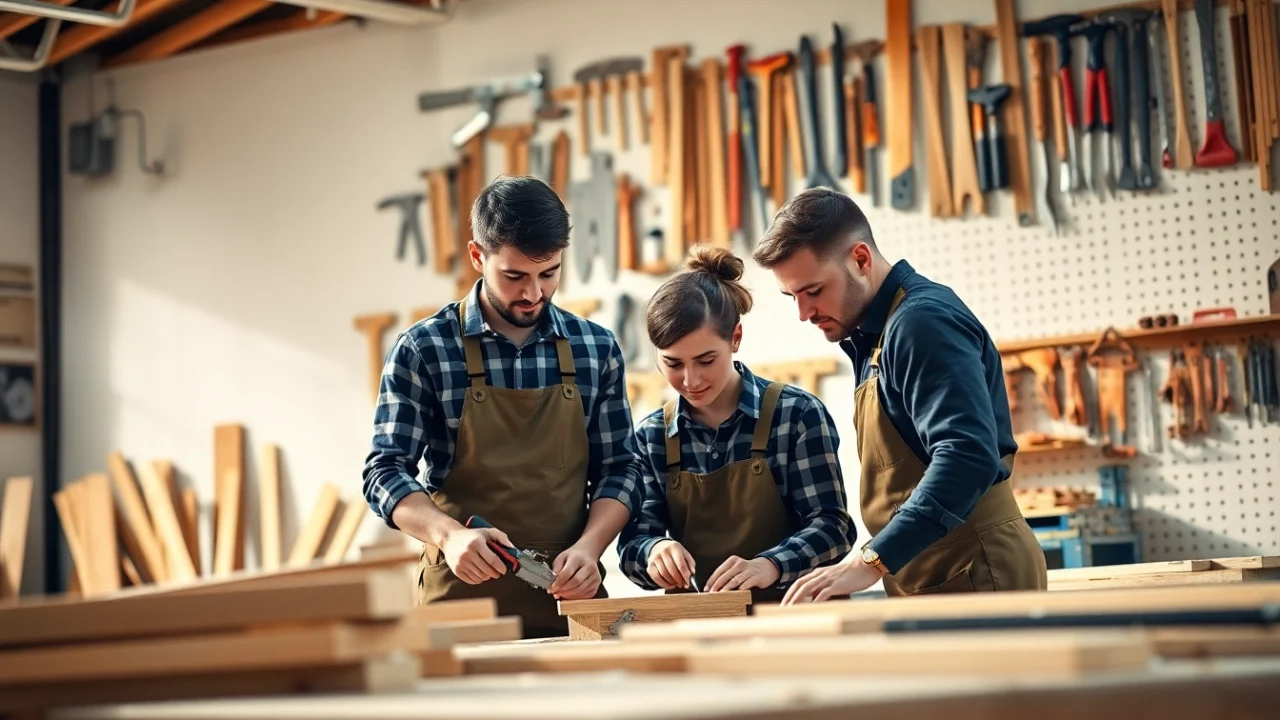Carpentry apprenticeship near me with apprentices working collaboratively in a bright workshop.