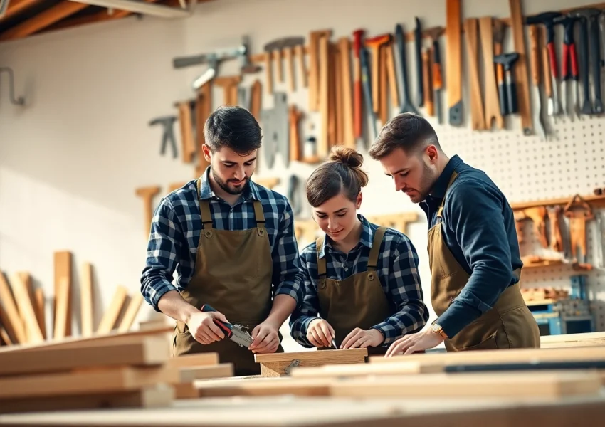 Carpentry apprenticeship near me with apprentices working collaboratively in a bright workshop.