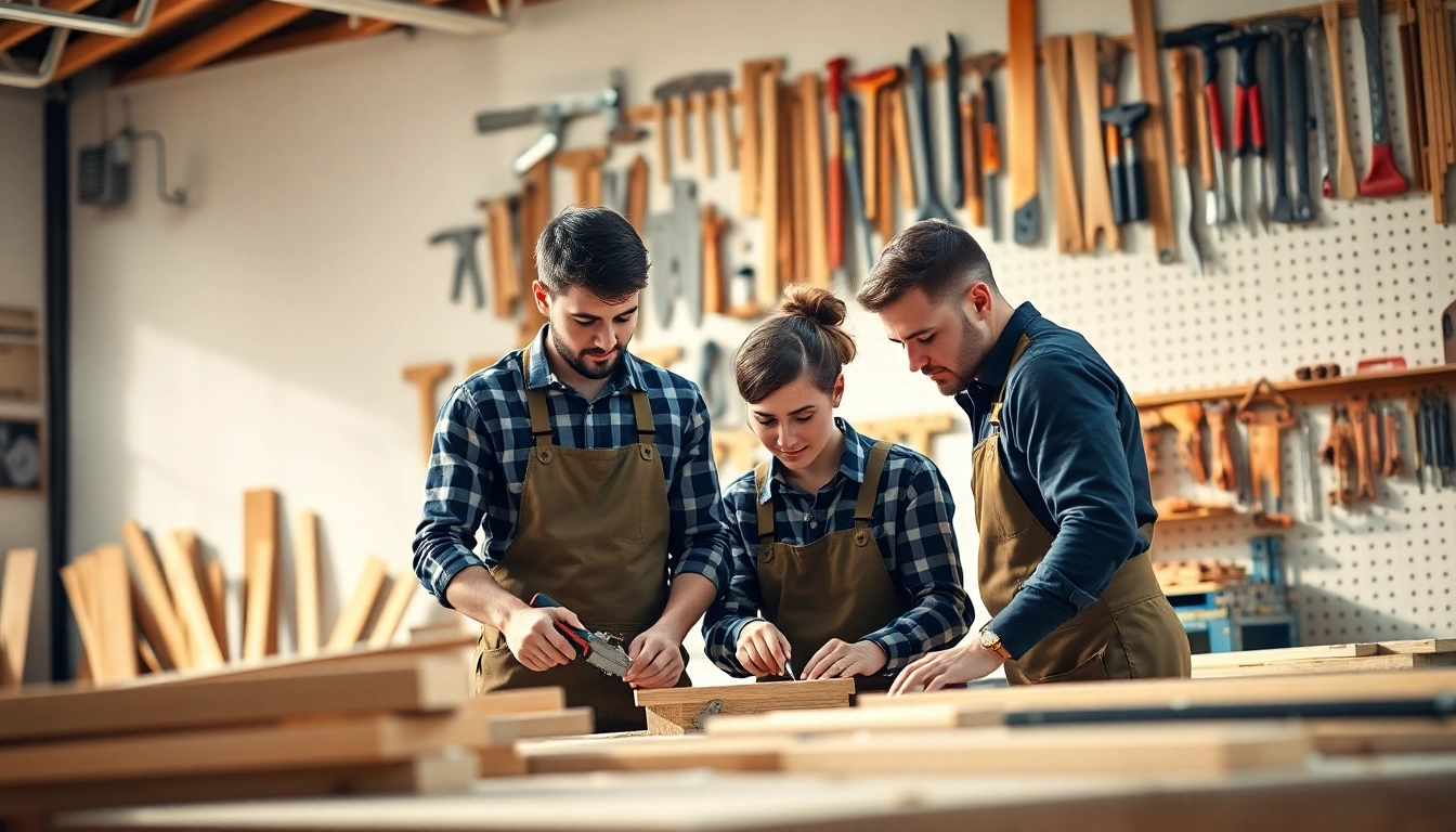 Carpentry apprenticeship near me with apprentices working collaboratively in a bright workshop.