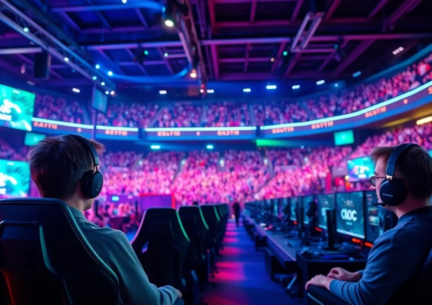 메이저사이트에서 esports 경기를 즐기는 프로 게이머와 열광하는 관중