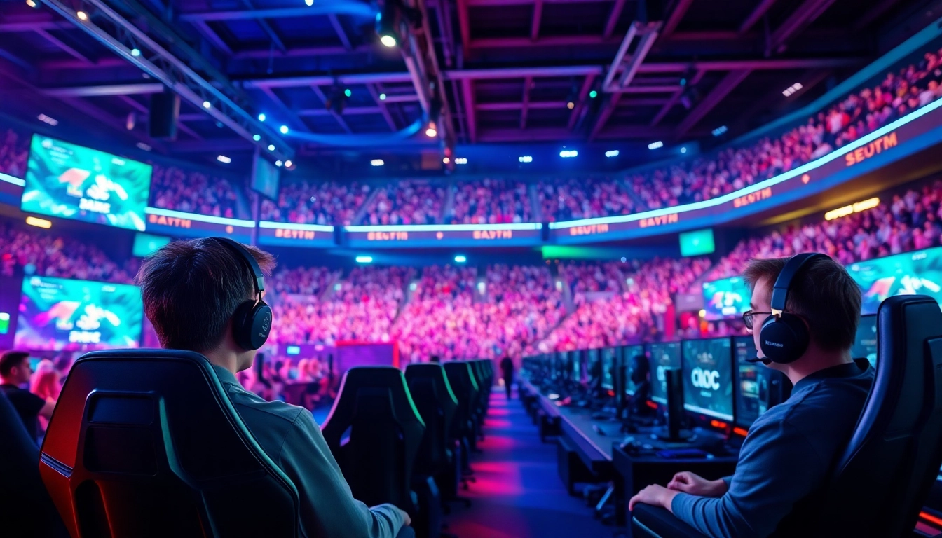 메이저사이트에서 esports 경기를 즐기는 프로 게이머와 열광하는 관중