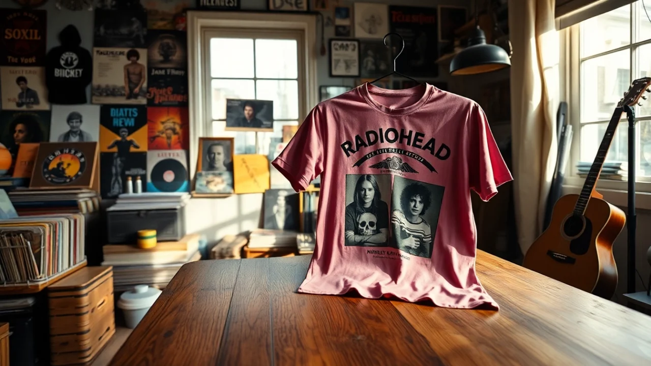 Showcase a stylish Radiohead shirt on a vintage table with artistic memorabilia.