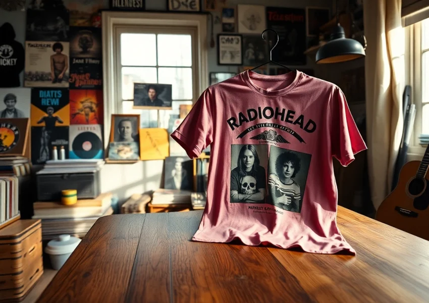 Showcase a stylish Radiohead shirt on a vintage table with artistic memorabilia.