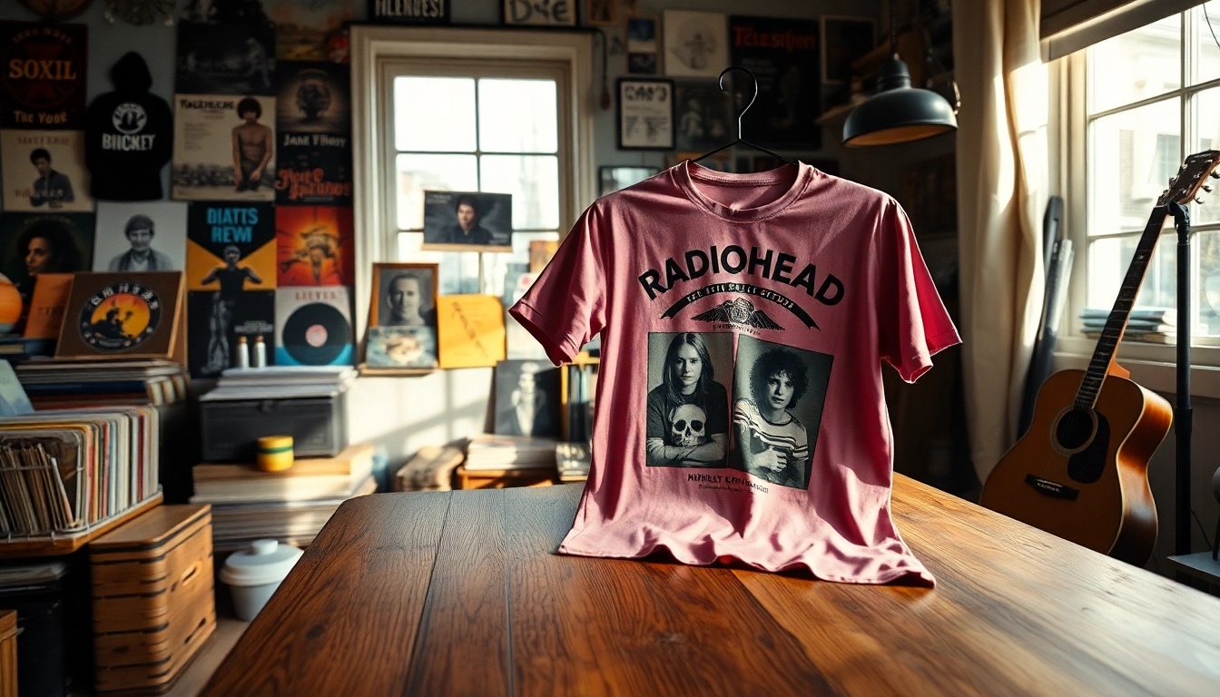 Showcase a stylish Radiohead shirt on a vintage table with artistic memorabilia.