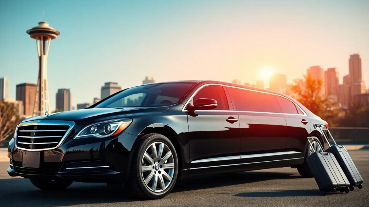 Experience Car Service to Seattle from Vancouver with a luxury limousine in front of the Space Needle.