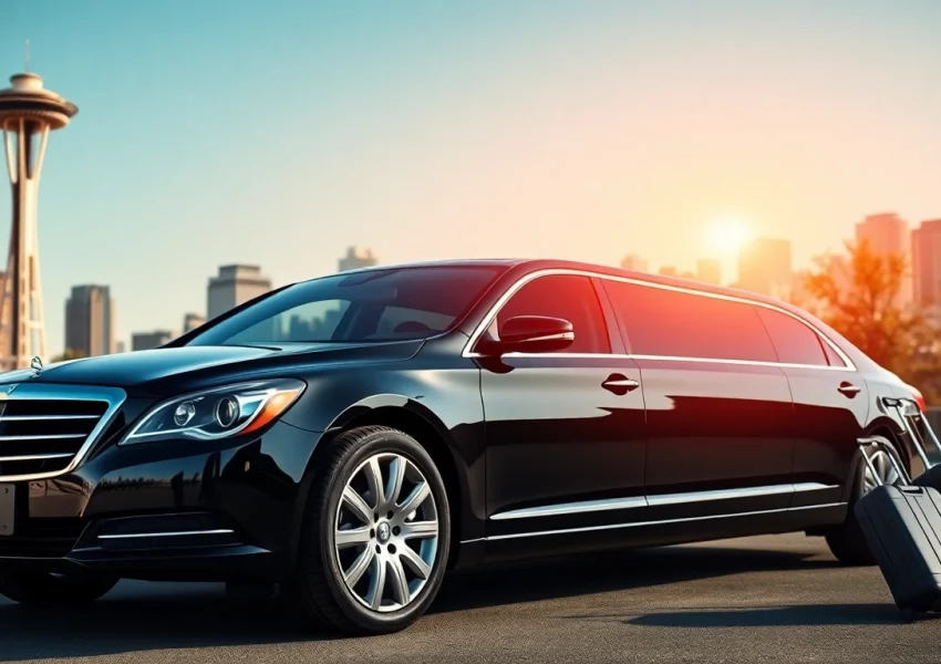 Experience Car Service to Seattle from Vancouver with a luxury limousine in front of the Space Needle.