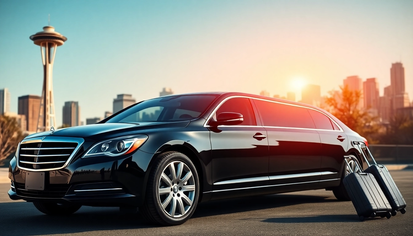 Experience Car Service to Seattle from Vancouver with a luxury limousine in front of the Space Needle.