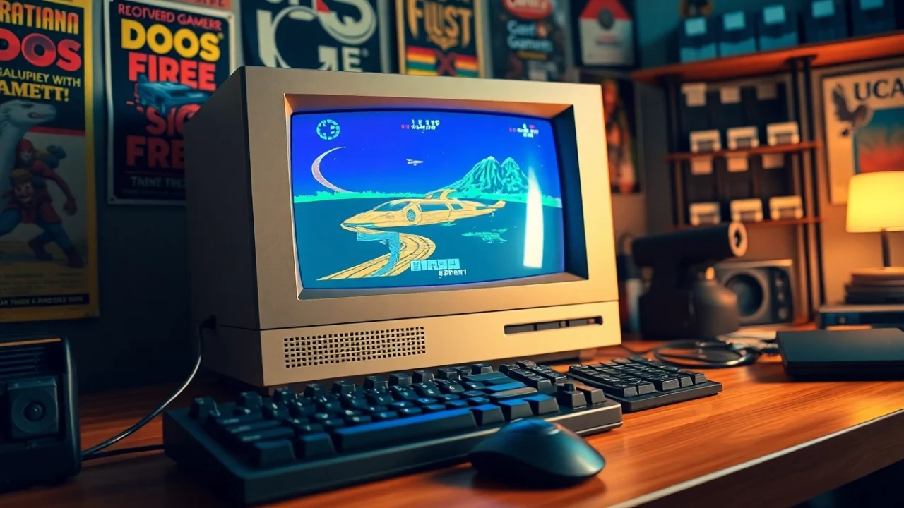 Engaging scene of DOS games download displayed on a vintage computer with nostalgic game elements.