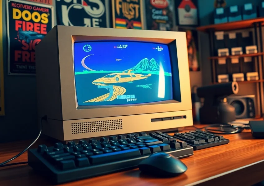 Engaging scene of DOS games download displayed on a vintage computer with nostalgic game elements.