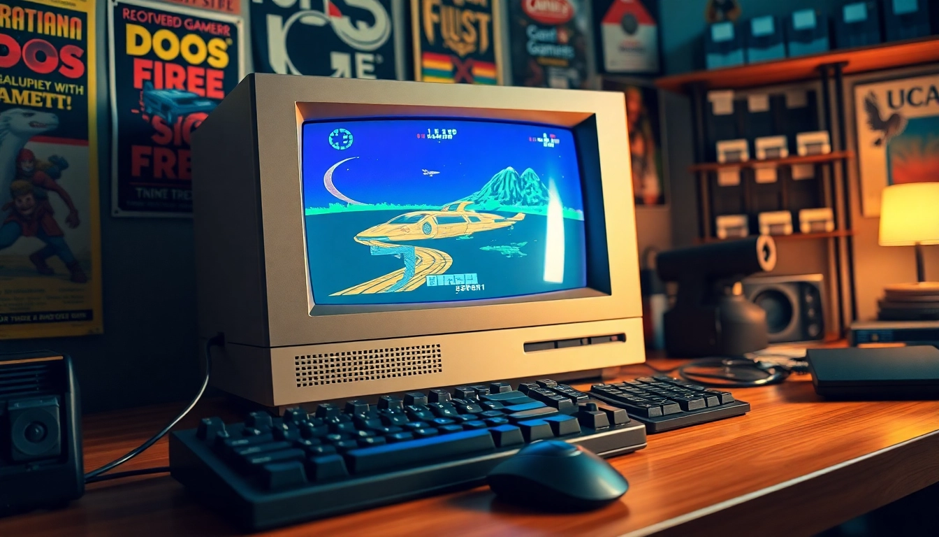 Engaging scene of DOS games download displayed on a vintage computer with nostalgic game elements.