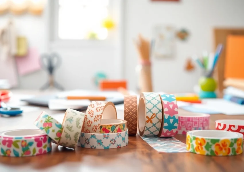 Customize your projects with vibrant custom washi tape showcased on a creative workshop table.