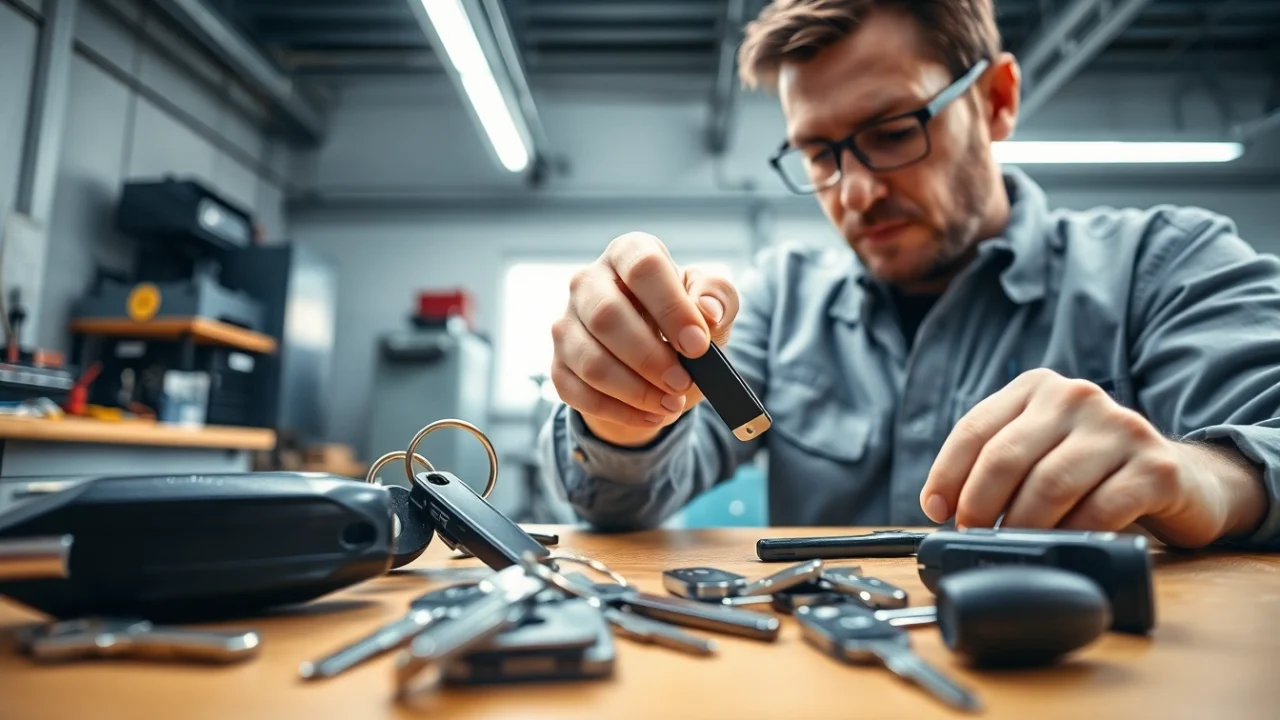 Replacing car keys by a professional locksmith in a well-organized garage setting.