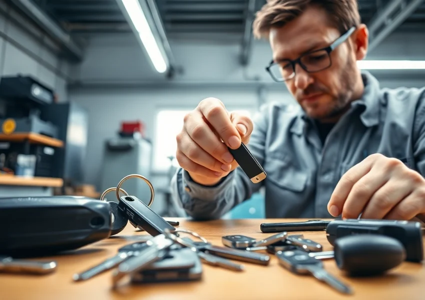 Replacing car keys by a professional locksmith in a well-organized garage setting.