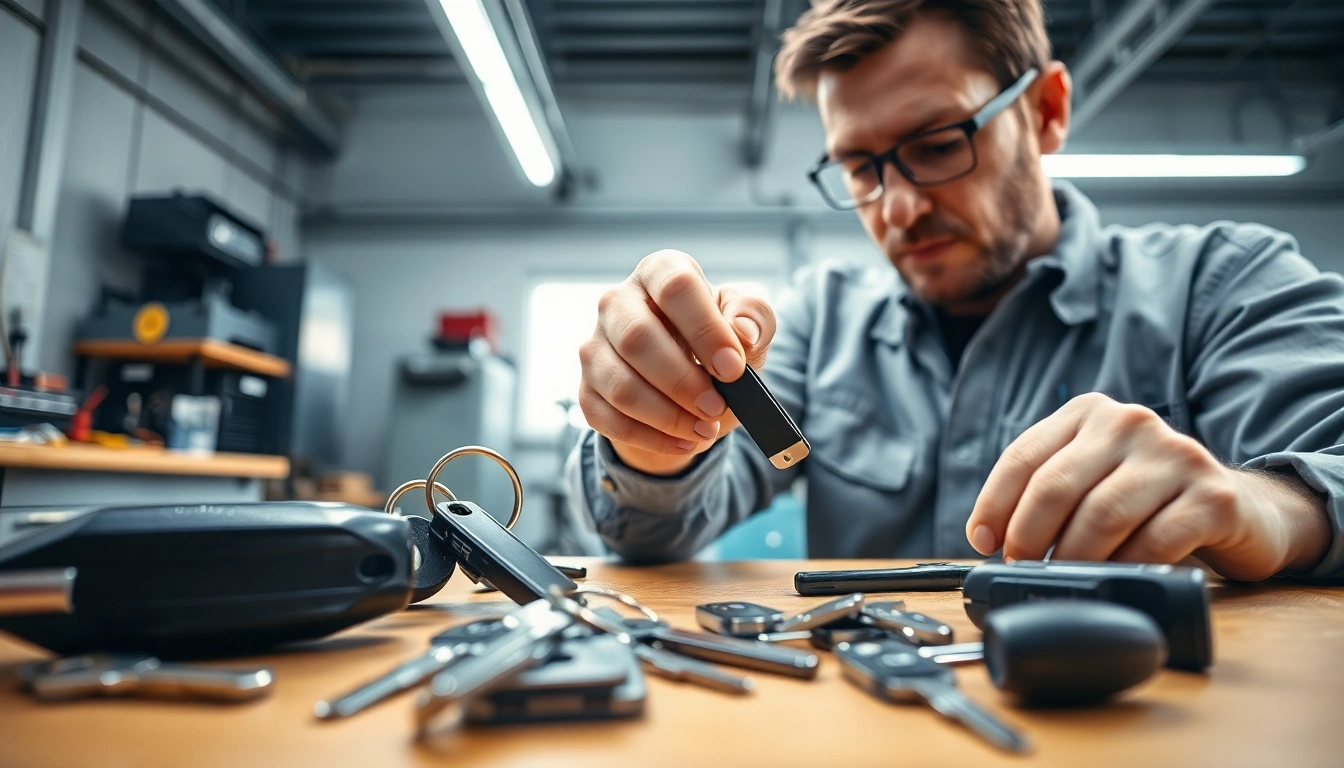 Replacing car keys by a professional locksmith in a well-organized garage setting.
