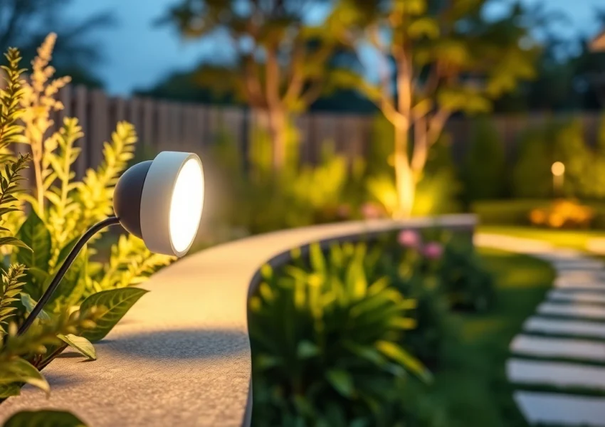 Illuminate outdoor spaces with LED waterproof light, showcasing bright illumination in a garden.