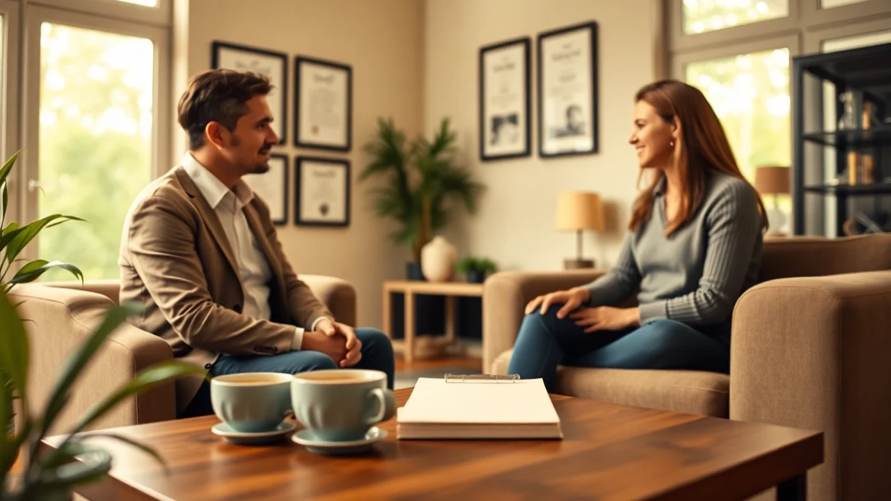 Engaging relationship coach facilitating a session with a couple in a warm office.