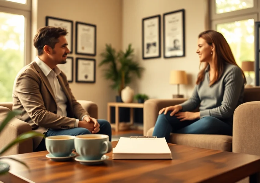 Engaging relationship coach facilitating a session with a couple in a warm office.