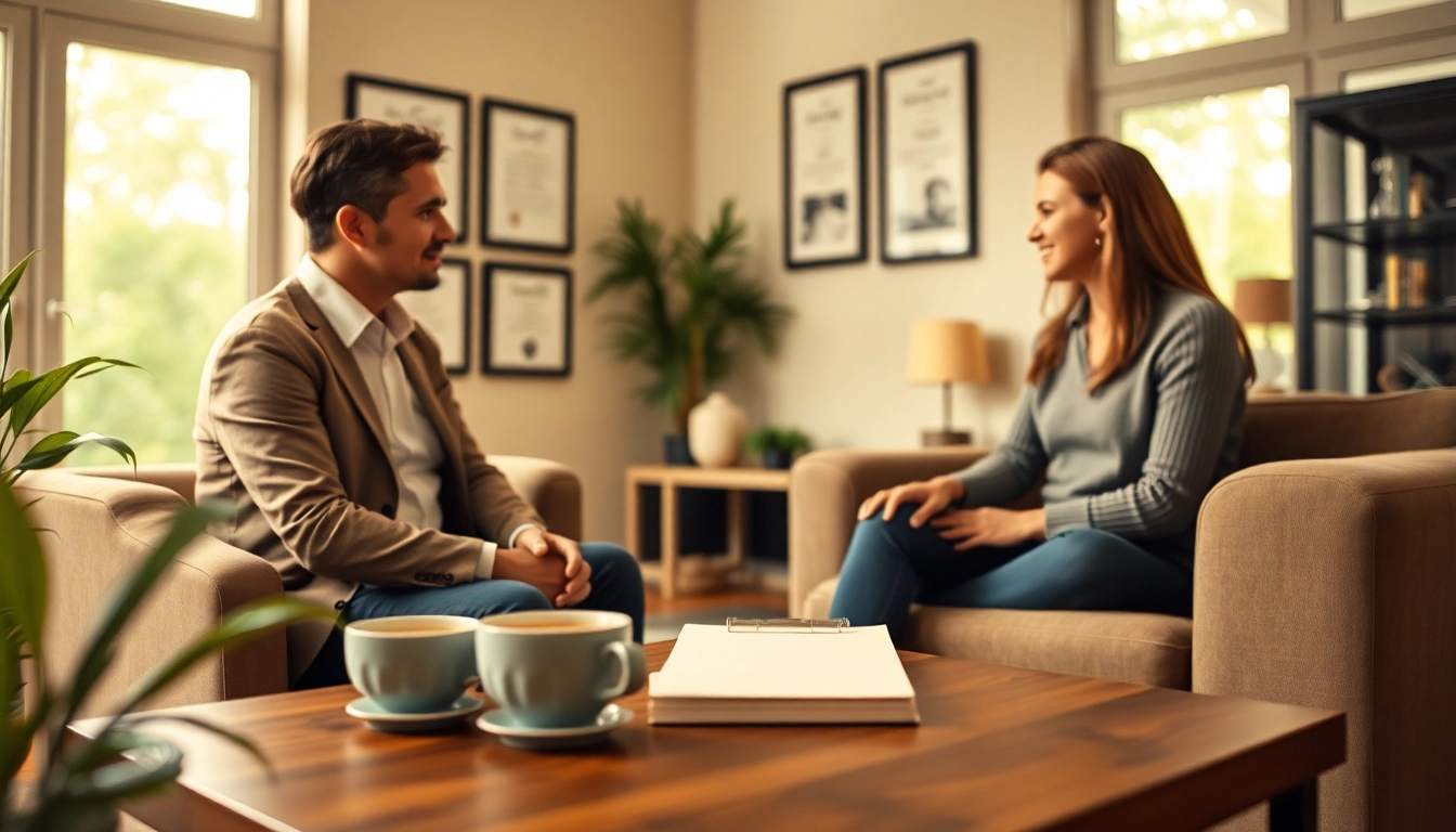 Engaging relationship coach facilitating a session with a couple in a warm office.