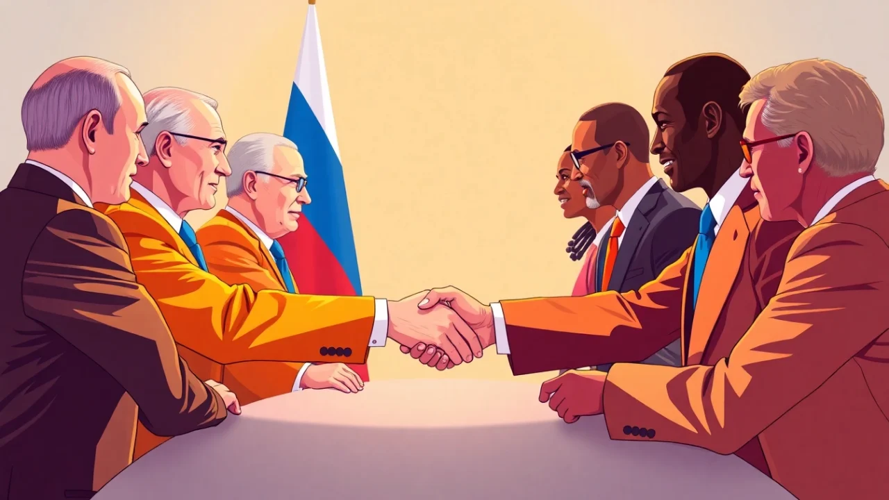 Coopération Russie Afrique: Russian and African leaders shake hands, symbolizing peace and prosperity.