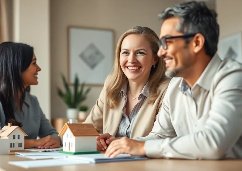 Sell my house fast okc with a real estate agent assisting a couple in a welcoming office setting.