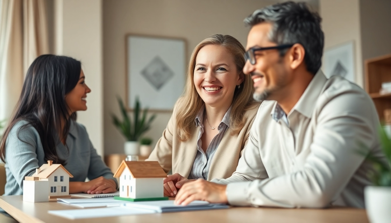 Sell my house fast okc with a real estate agent assisting a couple in a welcoming office setting.