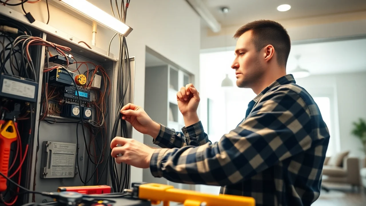 Electrician handling wiring in a residential setting, showcasing expertise and professional tools.