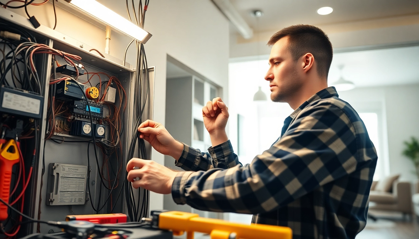 Electrician handling wiring in a residential setting, showcasing expertise and professional tools.