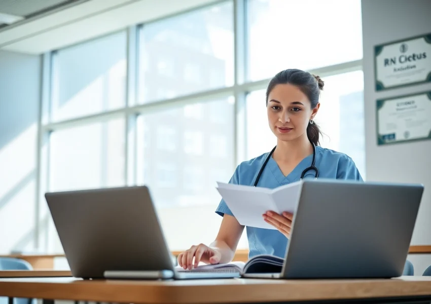 Engaged nurse studying RN CEUs in a bright classroom setting with modern learning tools.