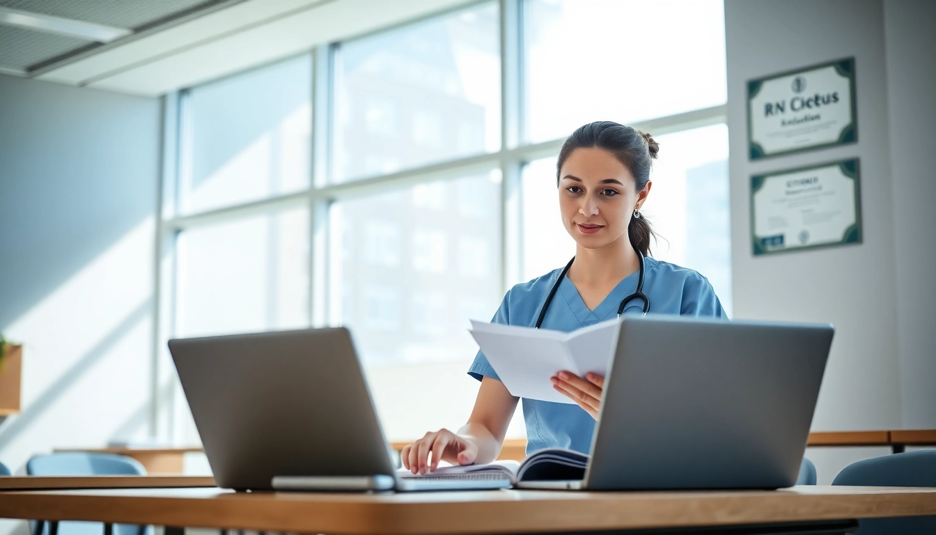 Engaged nurse studying RN CEUs in a bright classroom setting with modern learning tools.