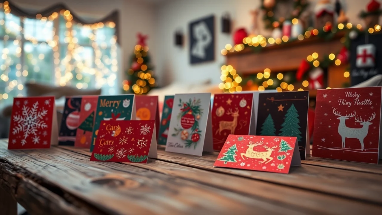 Christmas cards Hackney arranged beautifully on a rustic table with warm festive lights.