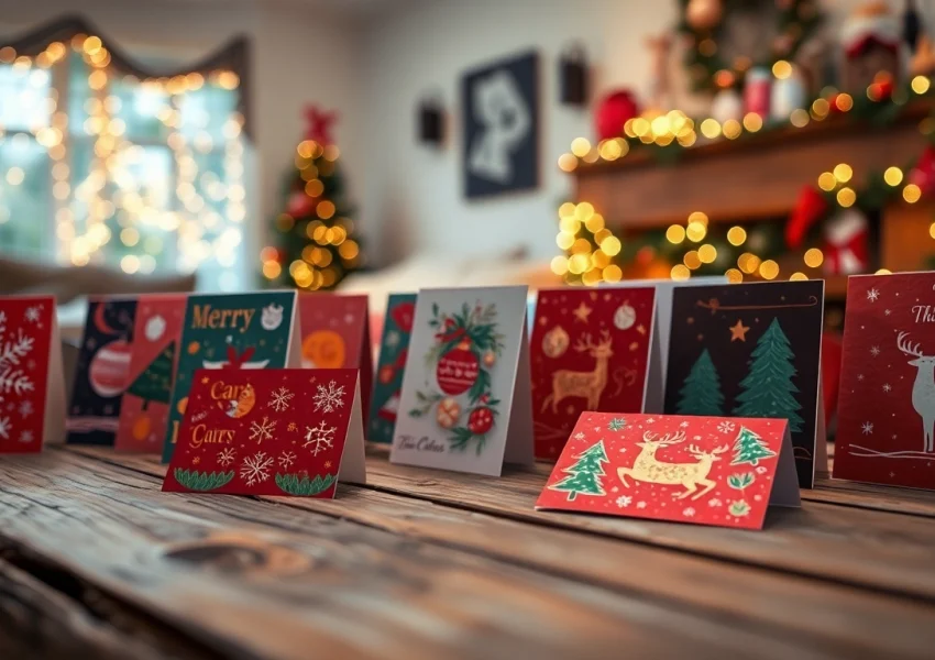 Christmas cards Hackney arranged beautifully on a rustic table with warm festive lights.