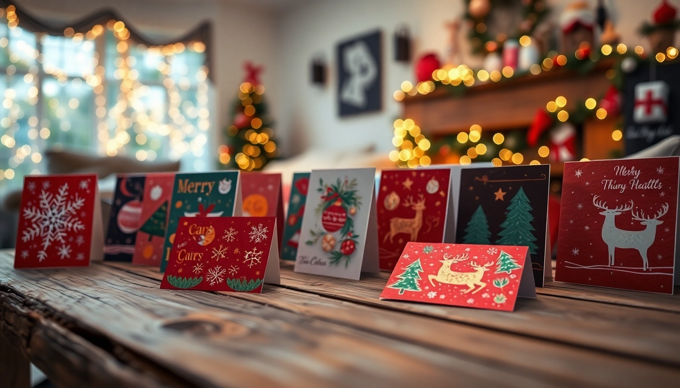 Christmas cards Hackney arranged beautifully on a rustic table with warm festive lights.