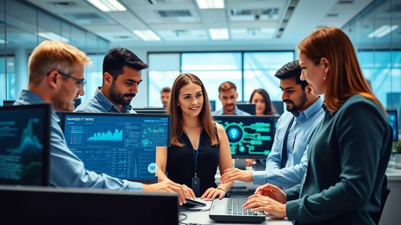 Engaging illustration of a managed IT provider team collaborating on technology solutions.