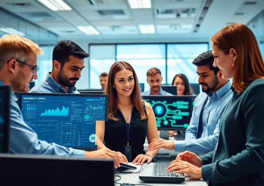 Engaging illustration of a managed IT provider team collaborating on technology solutions.
