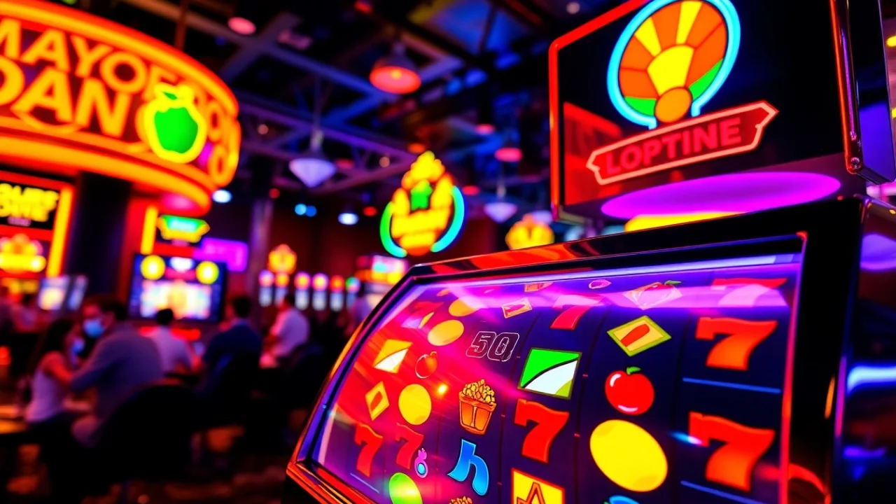 Menangkan hadiah pada mesin slot Dumdum4D yang berkilau di kasino penuh warna.