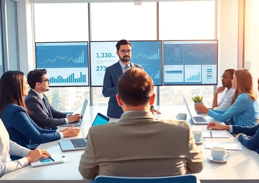 Purchasing consultant sharing insights during a team meeting in a modern office setting.