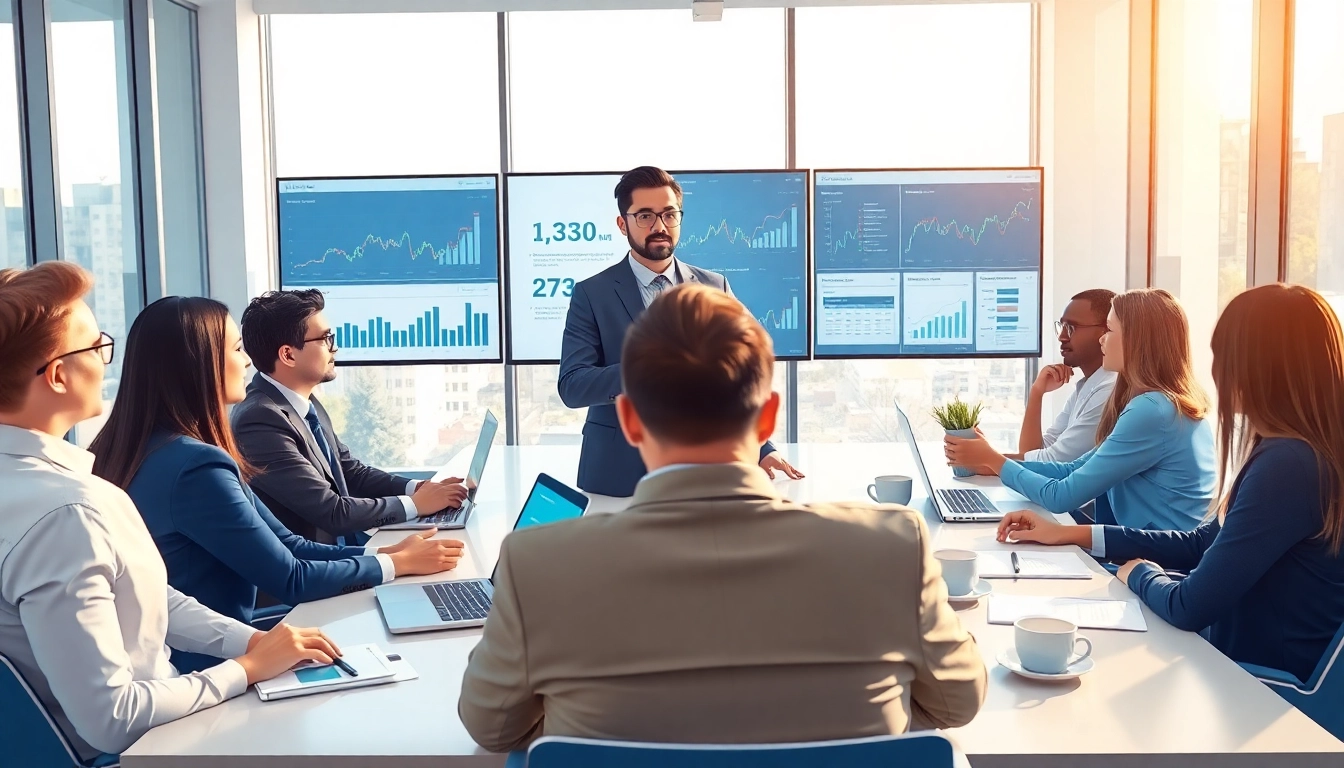 Purchasing consultant sharing insights during a team meeting in a modern office setting.