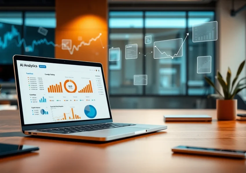Utilize ai prompts for competitor analysis on high-tech workspace featuring laptops and graphs.