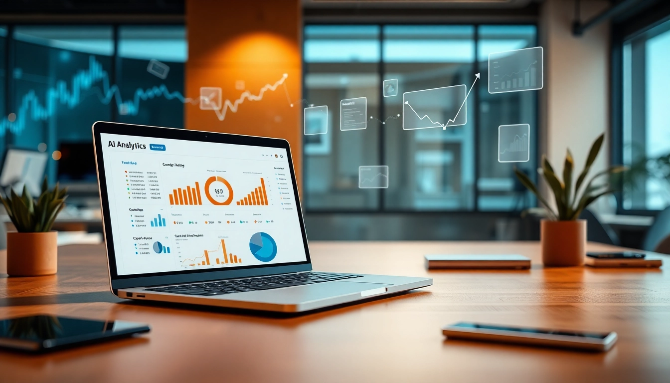 Utilize ai prompts for competitor analysis on high-tech workspace featuring laptops and graphs.