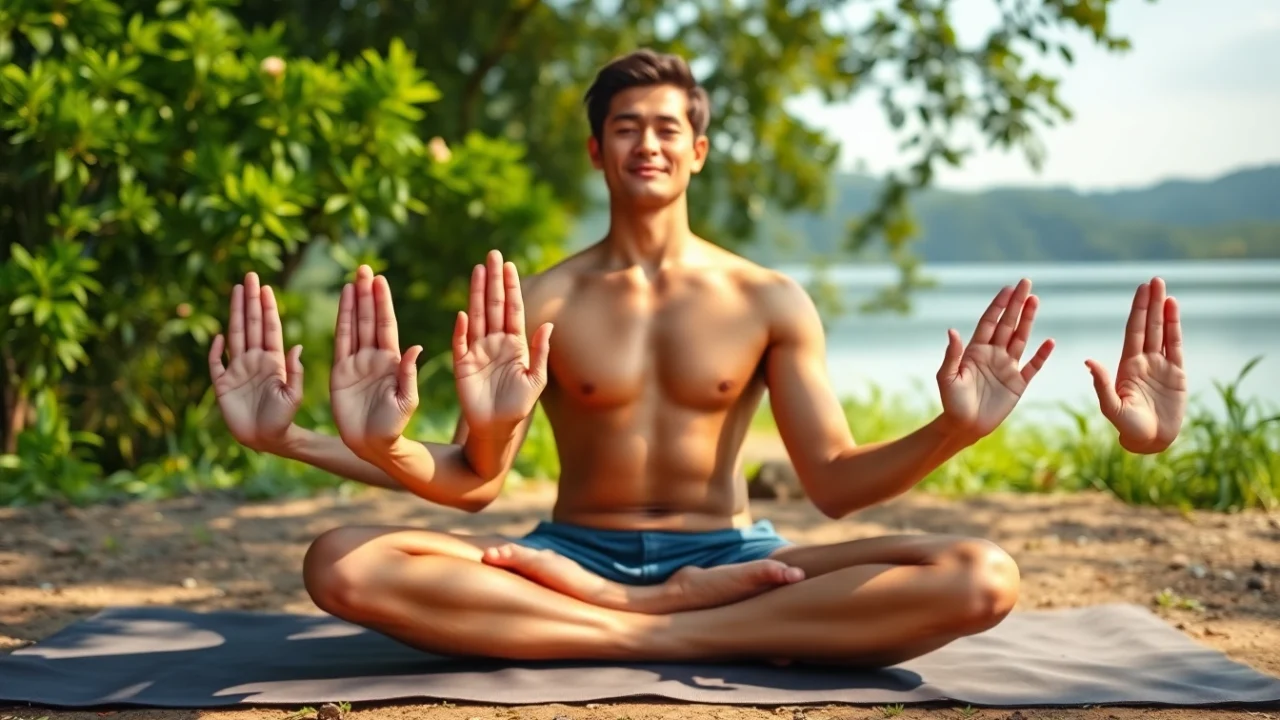 Practicing yoga mudras with graceful hand gestures in a tranquil outdoor setting.
