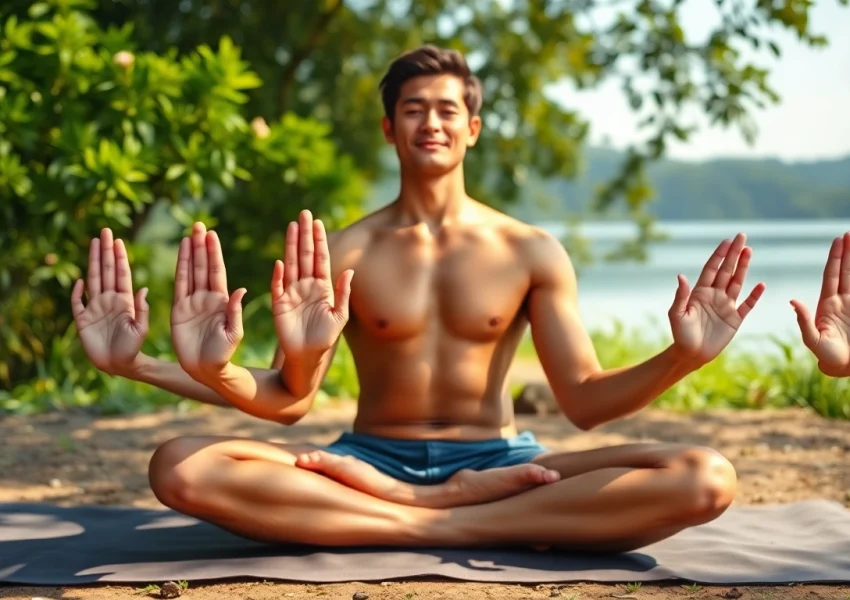 Practicing yoga mudras with graceful hand gestures in a tranquil outdoor setting.