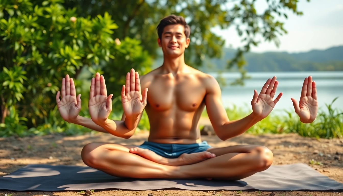 Practicing yoga mudras with graceful hand gestures in a tranquil outdoor setting.