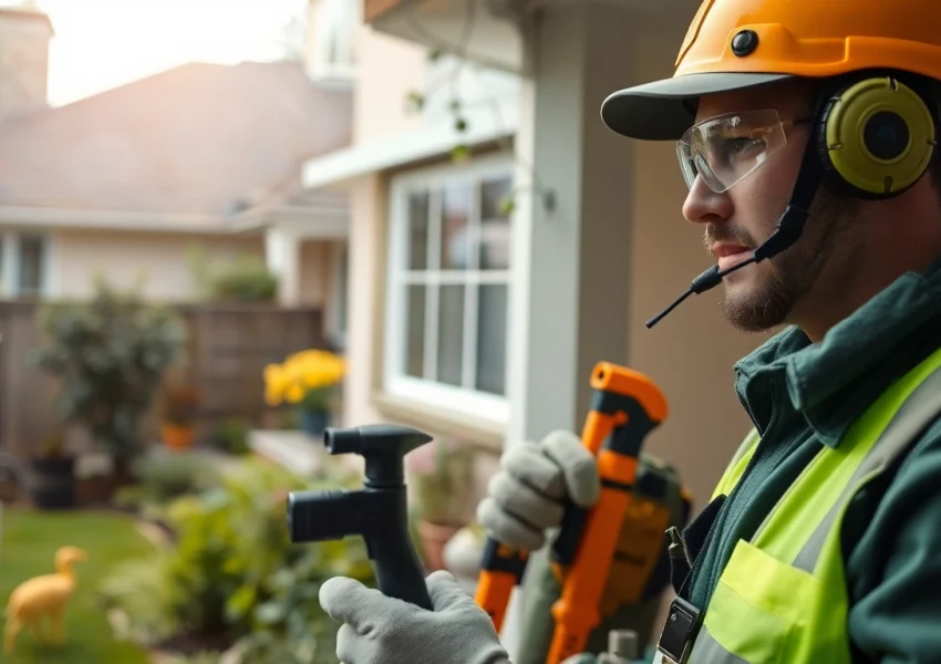 Pest control near me, professional technician inspecting a home for pest entry points.