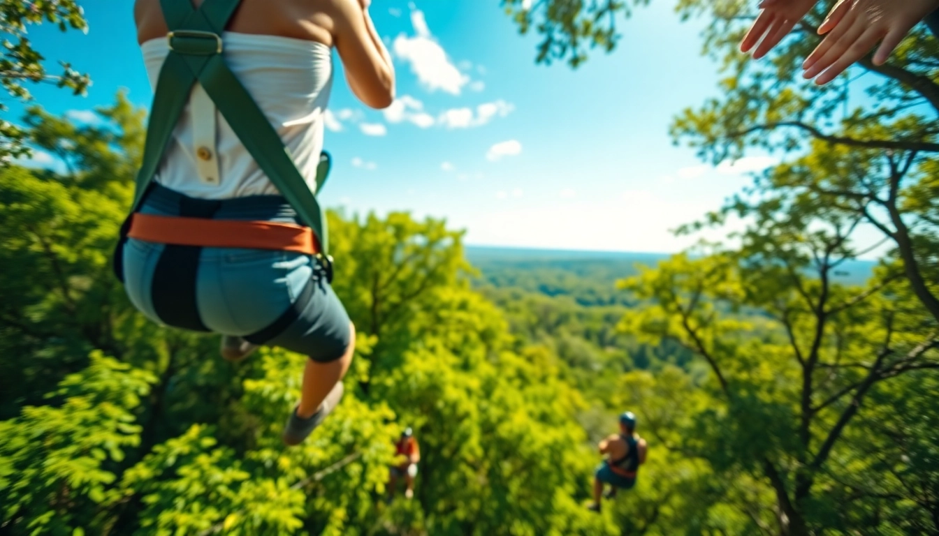 Experience the thrill of a ZIP WIRE KIT adventure above vibrant treetops in a vibrant forest.